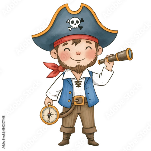 A smiling cartoon pirate boy holding a treasure chest and a pirate map while wearing a pirate hat