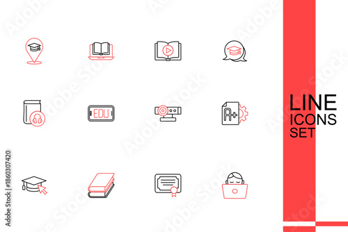 Set line Student working at laptop, Certificate template, Book, Graduation cap with cursor, Exam sheet A plus grade, Web camera, Online education and Audio book icon. Vector