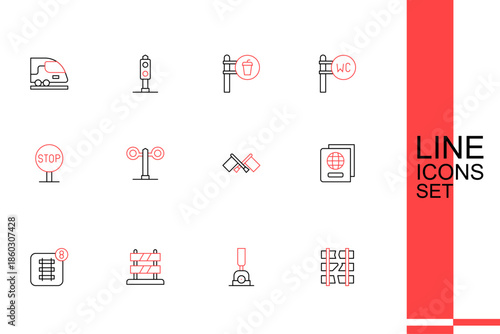 Set line Broken or cracked railway, Arrow for switching the, End of tracks, Online ticket booking, Passport, Flag, Train traffic light and Stop sign icon. Vector