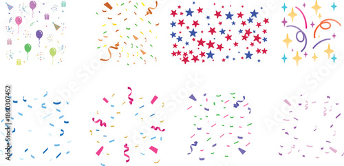 Confetti Background Icon set. Multicolor confetti abstract background with a lot of falling pieces, isolated on a white background. congratulatory background with colored confetti and serpentine.