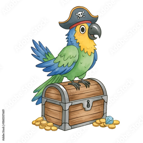 A colorful macaw parrot with a red beak and green feathers sits on a wooden chair and inside a cage as an isolated tropical animal vector illustration