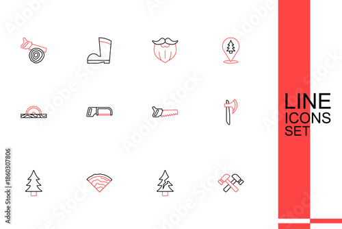 Set line Crossed hammer, Tree, Wooden beam, axe, Hand saw, Hacksaw and Electric circular icon. Vector