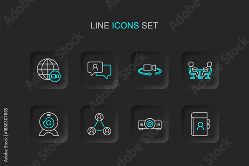 Set line Phone book, Movie, film, media projector, Meeting, Web camera, 360 degree view, Speech bubble chat and Video conference icon. Vector
