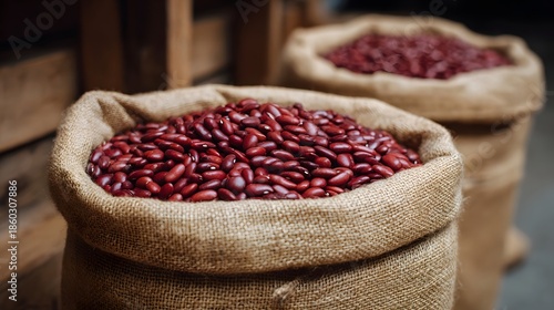 Burlap sacks overflowing with red kidney beans highlighting natural texture and vibrant color