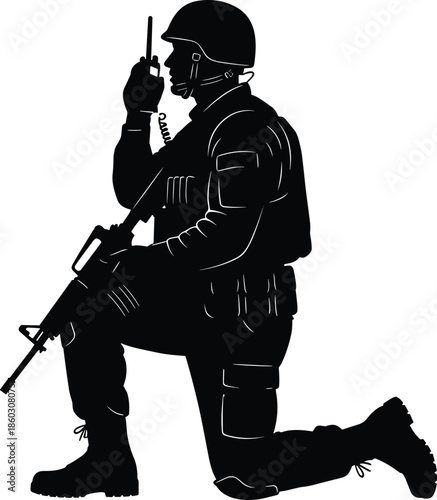 Kneeling soldier silhouette vector, tactical communication pose, black and white illustration, military gear, rifle and radio, combat readiness, defense artwork