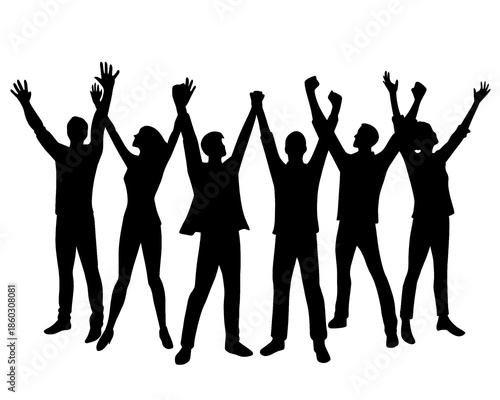 Silhouette of people raising their hands in cheering, vector illustration, model 3
