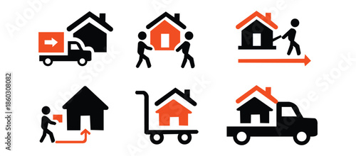 Moving house and relocation icon set, house transport and home delivery symbol collection.