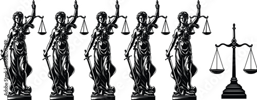Lady Justice silhouette vector illustration, legal icon set, balance scale graphic, law and order concept, courtroom symbol design, black justice art