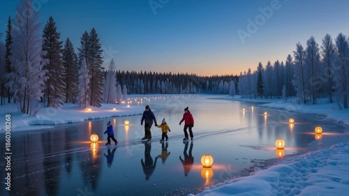 Ice skating family enjoying a winter day on a frozen lake with glowing lanterns during twilight in a snowy forest environment, highlighting seasonal outdoor fun. Video made using Generative AI.
