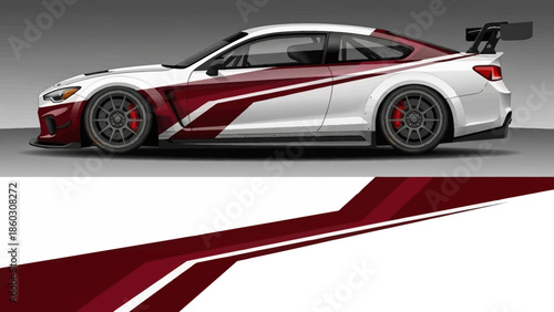 Sleek white and burgundy race car with bold graphics and aerodynamic design.