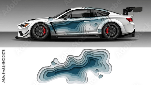 High-performance race car side profile with blue graphic livery and spoiler for dynamic transport imagery.