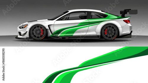 Sleek race car with green white racing livery and aerodynamic design on a track, high speed performance vehicle.