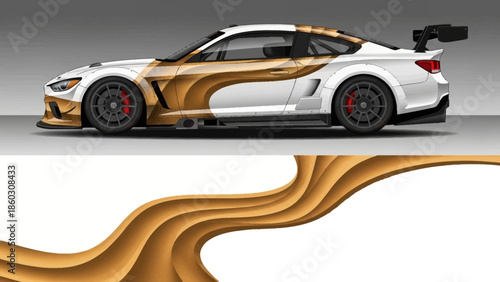 Sleek gold and white sports car featuring aerodynamic curves and racing theme.