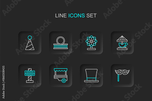 Set line Festive mask, Cylinder hat, Fast street food cart, Attraction carousel, Ferris wheel, Roller coaster and Party icon. Vector
