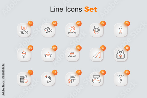 Set line Hand ice drill, Electronic scales, Outboard boat motor, Fishing harpoon, Spinning reel for fishing, jacket, rod and Fisherman hat icon. Vector