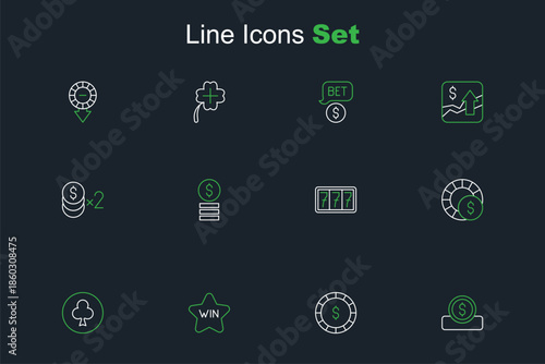 Set line Coin money with dollar, Casino chip, win, Playing card clubs symbol, chips, Slot machine jackpot, and icon. Vector