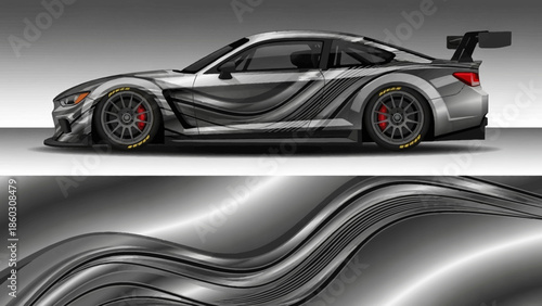 Sleek sport car silhouette with flowing metallic patterns and dynamic lines.