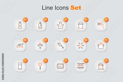 Set line Bucket with foam and bubbles, Washing dishes, Toilet, brush, Refrigerator, Cooking pot, Bacteria and Brush for cleaning icon. Vector