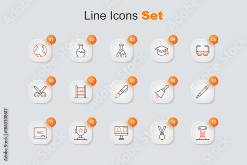 Set line Law pillar, Medal, Online class, Award cup, Chalkboard, Pencil with eraser, Ringing bell and Fountain pen nib icon. Vector