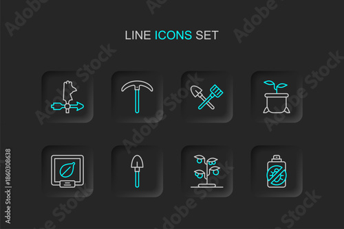 Set line Spray against insects, Sprout, Shovel, Seeds of specific plant, Plant pot, and rake, Pickaxe and Rooster weather vane icon. Vector