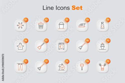 Set line Towel on hanger, Toilet brush, Home cleaning service, Rubber plunger, Drying clothes, bowl, Handle broom and Washer icon. Vector