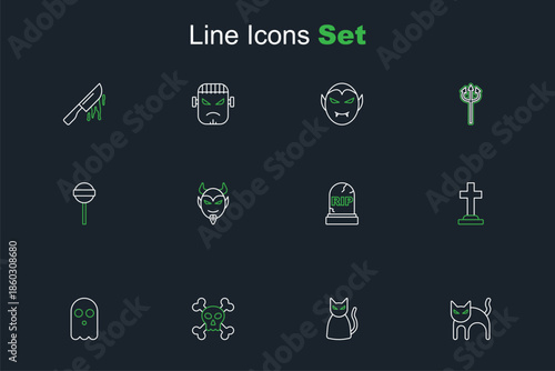 Set line Black cat, Skull on crossbones, Ghost, Tombstone with, RIP written, Devil head and Lollipop icon. Vector