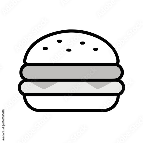 Icon of a simple burger with two patties and sesame seed bun on a white background
