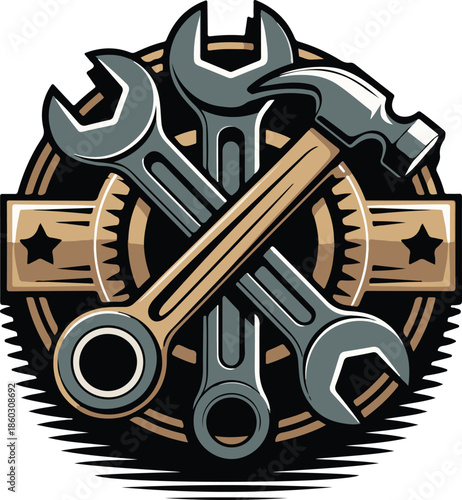 Crossed Wrench and Hammer Emblem vector