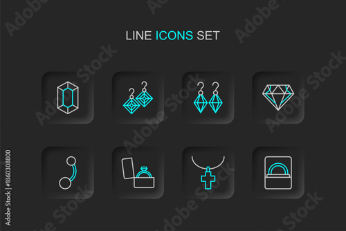 Set line Diamond engagement ring in box, Christian cross chain, Piercing, Earrings, and Gem stone icon. Vector