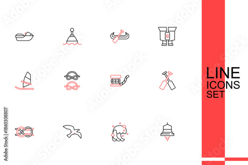 Set line Ship bell, Tsunami, Bird seagull, Nautical rope knots, Crossed oars or paddles boat, Marine bollard with, and Windsurfing icon. Vector