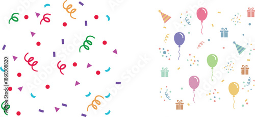 Confetti Background Icon set. Multicolor confetti abstract background with a lot of falling pieces, isolated on a white background. congratulatory background with colored confetti and serpentine.