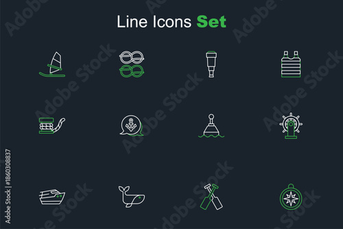 Set line Compass, Crossed oars or paddles boat, Whale, Speedboat, Ship steering wheel, Floating buoy, Anchor and Marine bollard with rope icon. Vector