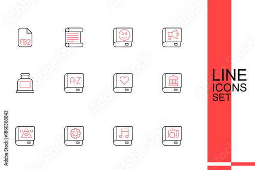 Set line Photo album gallery, Audio book, User manual, Ancient magic, Law, Romance, Translator and Inkwell icon. Vector