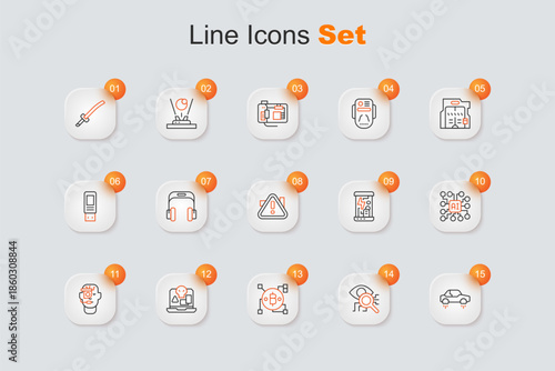 Set line Fantastic flying car, Eye scan, Blockchain technology Bitcoin, Internet piracy, Smart glasses on spectacles, Neural network, Cryogenic capsules and Exclamation mark triangle icon. Vector