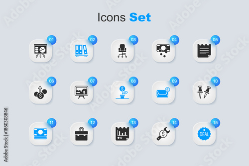 Set Repair price, Monitor with graph chart, Office folders, Stacks paper money cash, Deal, Push pin, Board and Dollar plant icon. Vector