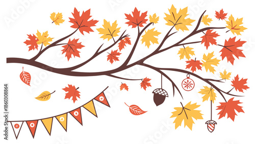 Autumn Branch Illustration with Colorful Fall Leaves, Hanging Acorn, and Seasonal Bunting Decoration