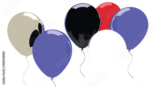 Vibrant Celebration Balloons: Red, Black, Purple, and Beige on a White Backdrop