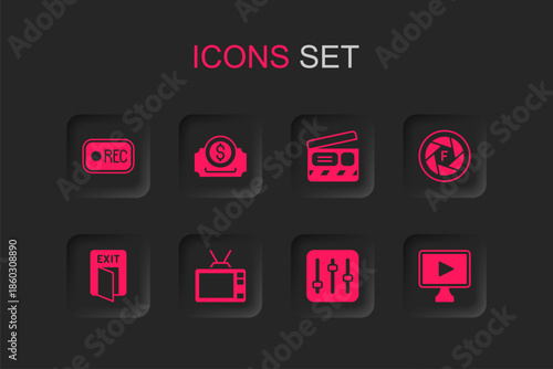 Set Retro tv, Cinema ticket, Record button, Sound mixer controller, Camera shutter, Online play video, Movie clapper and Fire exit icon. Vector