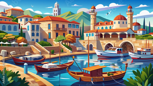 Very beautiful panoramic view of Kyrenia old harbour on the northern coast of Cyprus, featuring traditional boats, historic waterfront buildings, and tranquil Mediterranean scenery.