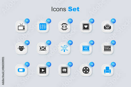 Set Film reel, Prohibition no video recording, Sound mixer controller, Cinema ticket, chair, Full HD 1080p, Retro tv and No smoking icon. Vector