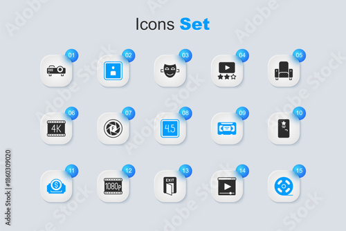 Set Online play video, Camera shutter, Play Video, Cinema ticket, Film reel, Backstage, Movie, film, media projector and Rating movie icon. Vector