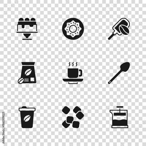 Set Sugar cubes, Teaspoon, French press, Coffee cup, Spatula with coffee grain, Cake, Donut and Bag beans icon. Vector