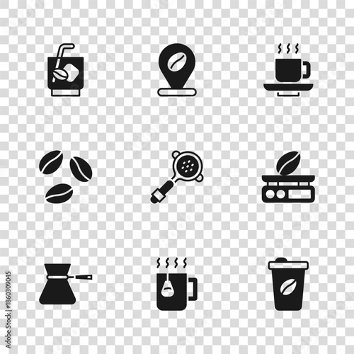 Set Cup of tea with bag, Electronic coffee scales, Coffee cup to go, filter holder, Espresso tonic, Location bean and beans icon. Vector