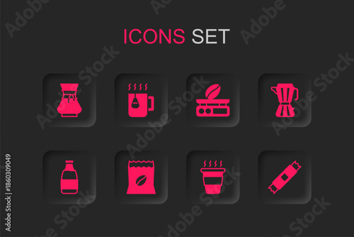 Set Bag of coffee beans, Cup tea with bag, Pour over maker, Coffee cup to go, moca pot, Sugar stick packets, Electronic scales and Milk bottle icon. Vector