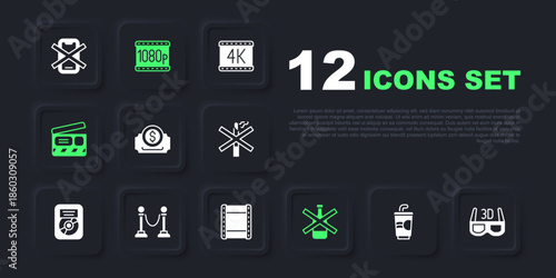 Set Paper glass with water, 3D cinema glasses, Cinema ticket, No alcohol, Movie clapper, Rope barrier, Full HD 1080p and Play video icon. Vector