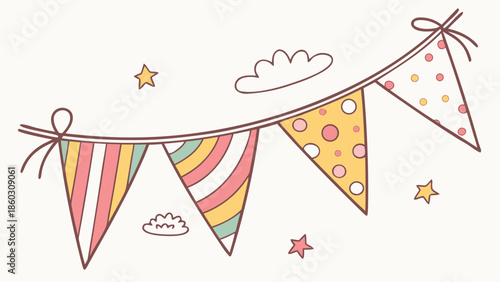Pastel Party Bunting Garland Illustration with Decorative Pennant Flags, Stars, and Clouds for Celebrations