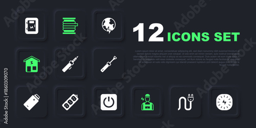 Set Electric plug, Lightning bolt, Soldering iron, Electrician, Smart home, extension, Wire electric cable reel and Power button icon. Vector