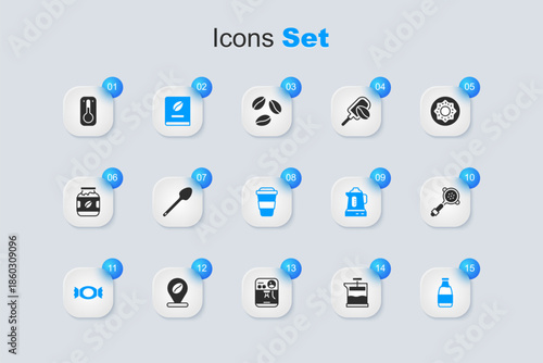 Set French press, Teaspoon, Coffee book, Candy, Milk bottle, filter holder, thermometer and cup to go icon. Vector
