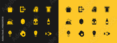 Set Bread toast, Scrambled egg, Jam jar, Chicken leg, Lemon, Steak meat, Cooking pot and Food ordering mobile icon. Vector