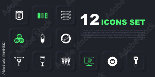Set Bottle opener, Salami sausage, Wooden beer mug, barrel, Glass of, Accordion and Dried fish icon. Vector